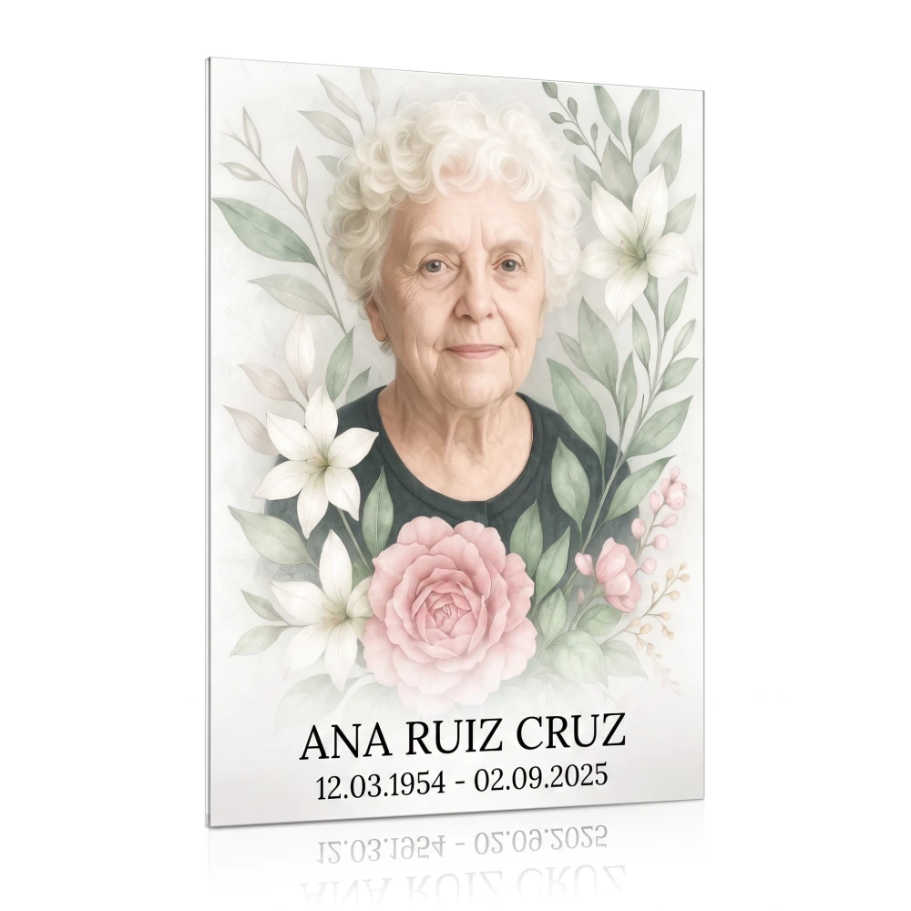 Panel de cristal para lápida con retrato y flores decorativas