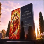 panel de vidrio para lápida con motivo religioso del Sagrado Corazón de Jesús en un monumento funerario de granito