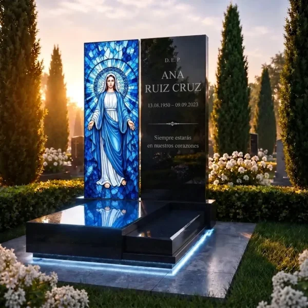 panel de vidrio para lápida con la imagen de la Virgen María en un monumento funerario de granito negro