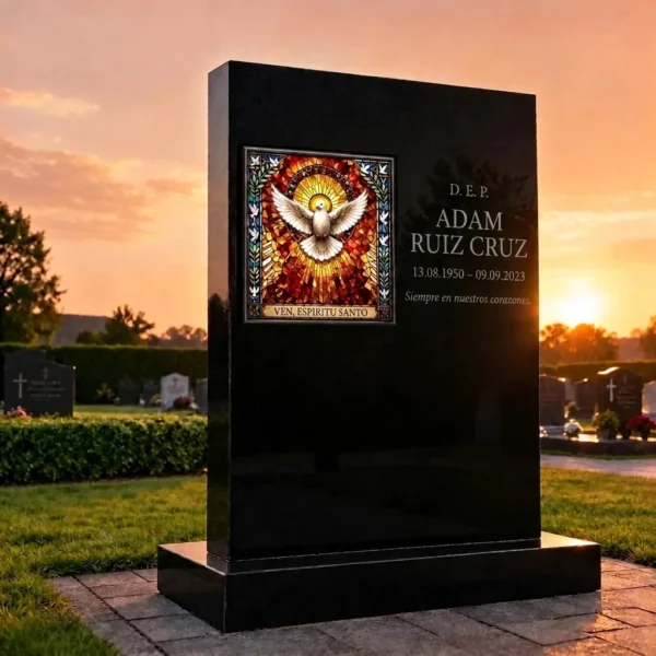 Panel de vidrio para monumento funerario con motivo religioso de la paloma del Espíritu Santo