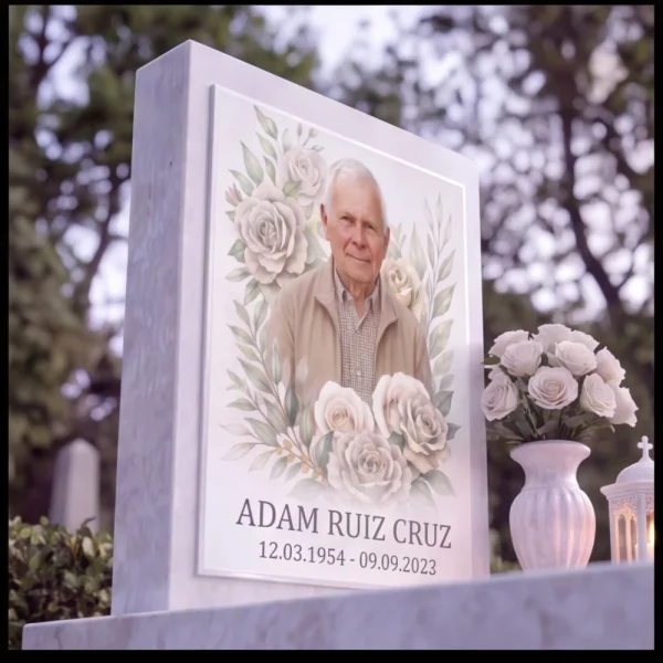 panel de cristal para lápida con foto y motivo floral de rosas