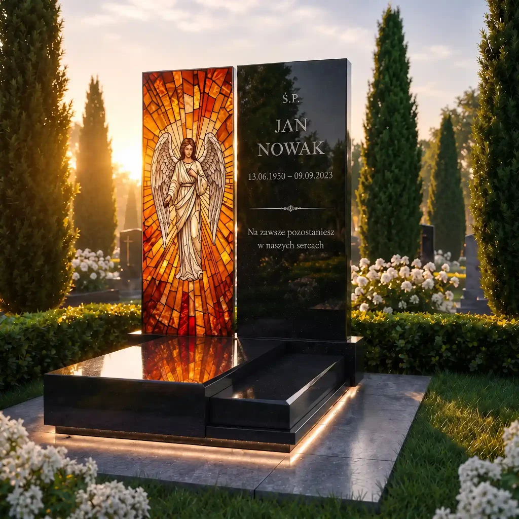panel szklany na pomnik z motywem religijnym anioła na tle czarnego nagrobka