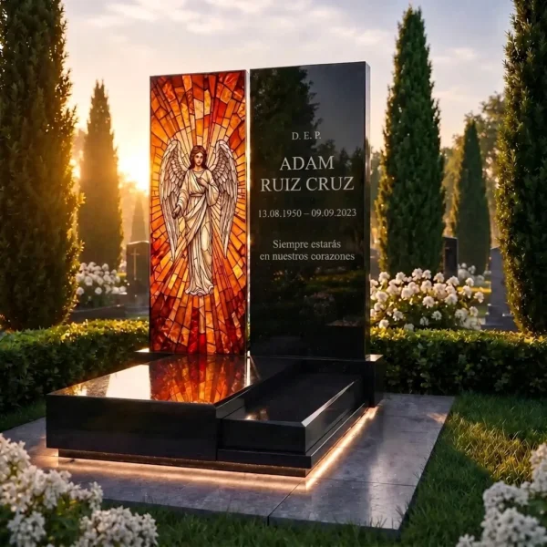 panel de vidrio para monumento funerario con motivo religioso de ángel sobre una lápida negra