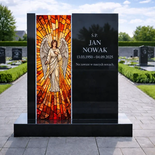 Panel szklany z motywem religijnym anioła na pomniku granitowym