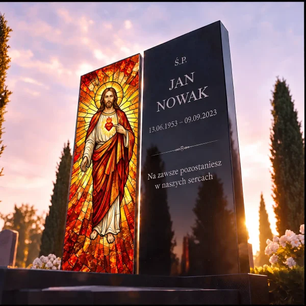 panel szklany na nagrobek z motywem religijnym Serca Jezusa na pomniku granitowym