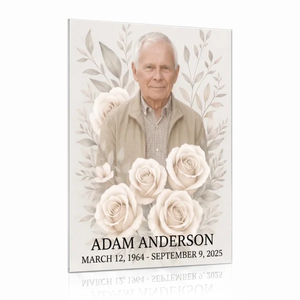 glass panel for memorial with photo and rose floral motif