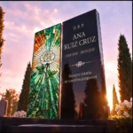 Panel decorativo para lápida con una rosa de vidriera sobre granito negro
