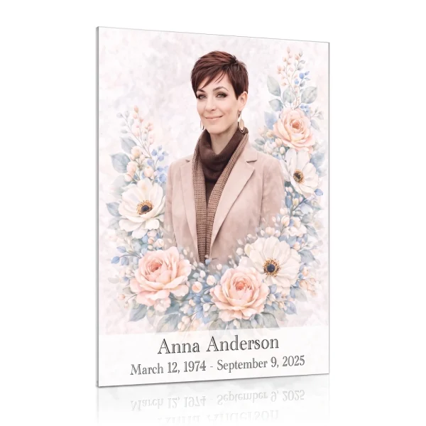 Custom made memorial plaque from photo with floral motif