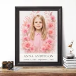 personalised memorial portrait made from photo with pink floral motif