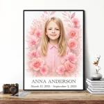 personalised memorial portrait made from photo with pink floral motif
