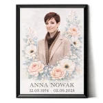 personalised memorial portrait made from photo with floral motif in black frame