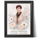 Custom made memorial plaque from photo with floral motif in black frame
