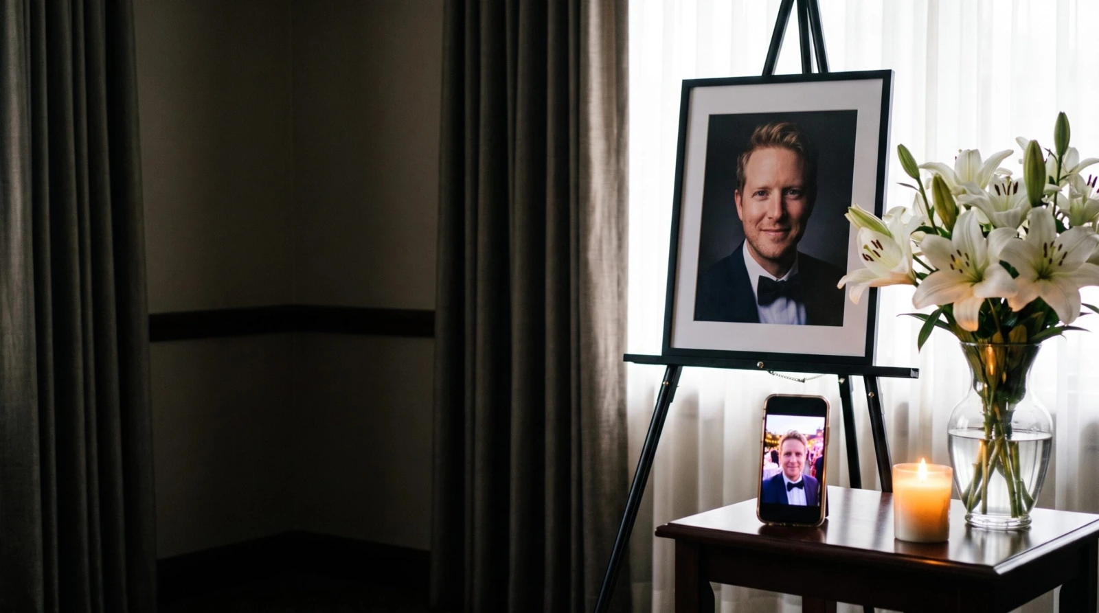 personalised memorial portrait made from photo displayed on an easel with flowers and candle