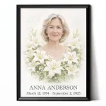 Personalised memorial portrait made from photo with lily motif in black frame