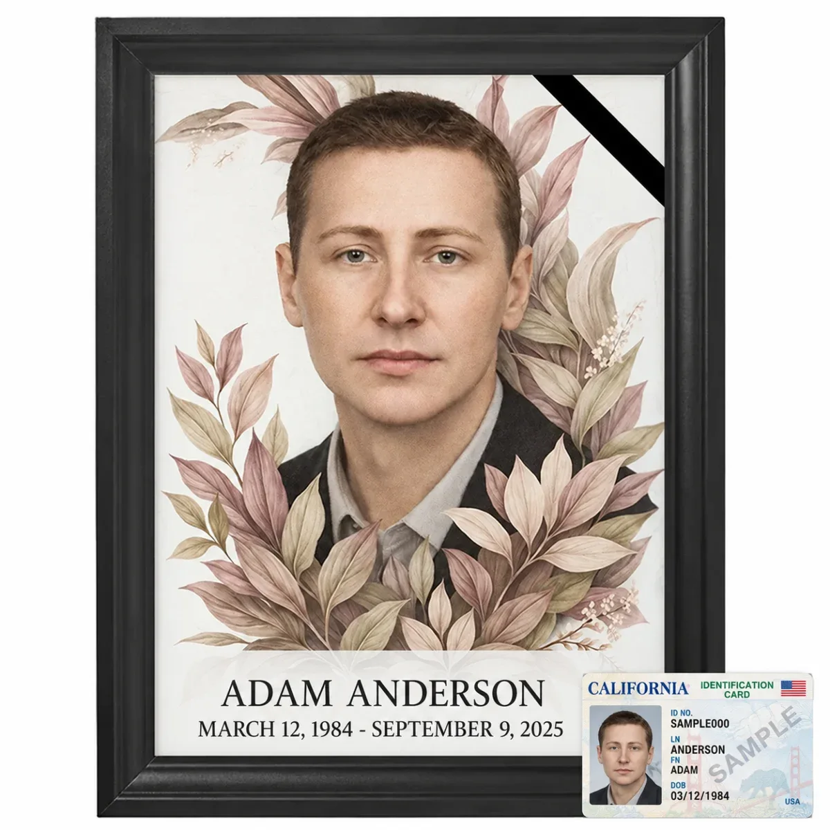 Custom memorial portrait created from a photo, framed with floral wreath design