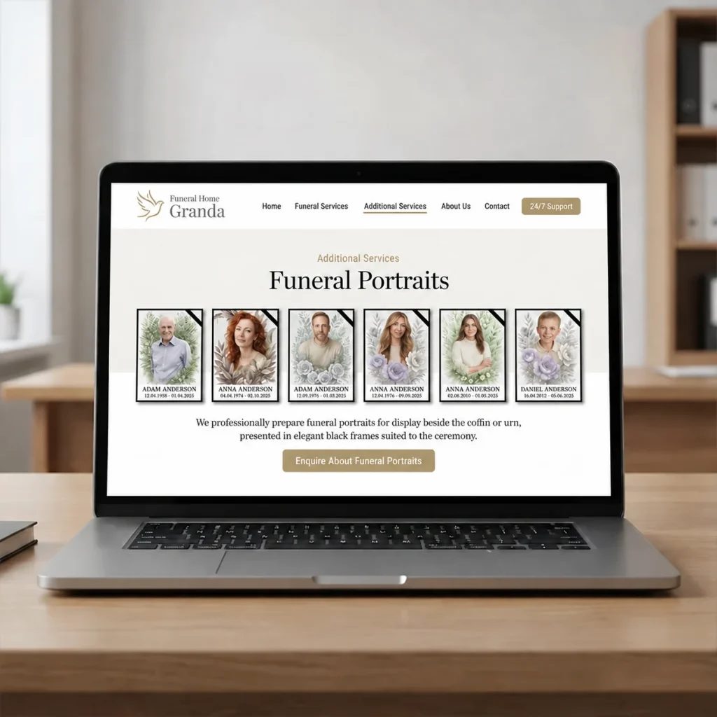 Website showing personalised memorial portraits ordered online with custom photo panels