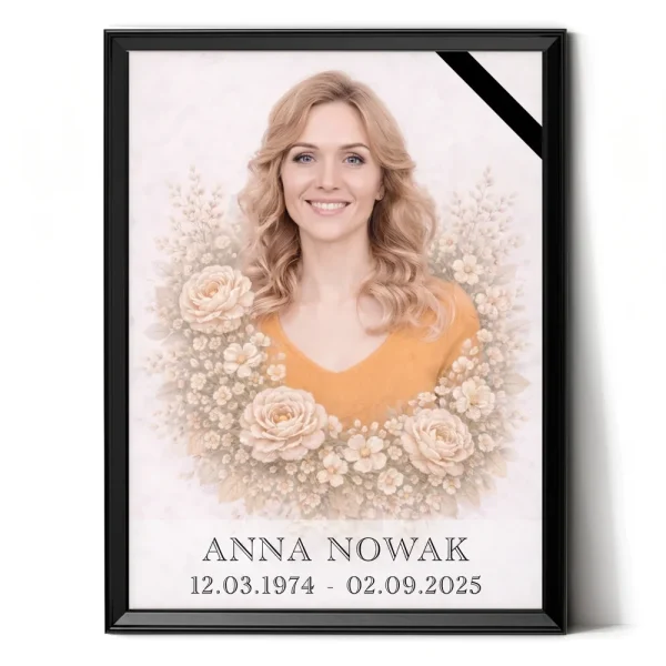 spersonalizowany portret na pomnik wykonany ze zdjęcia w czarnej ramie