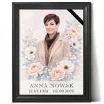 Personalised memorial portrait made from photo with floral border in black frame