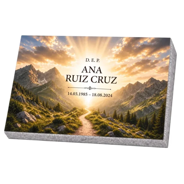 Placa conmemorativa de vidrio templado con un sendero de montaña bajo la luz del sol, sobre base de granito