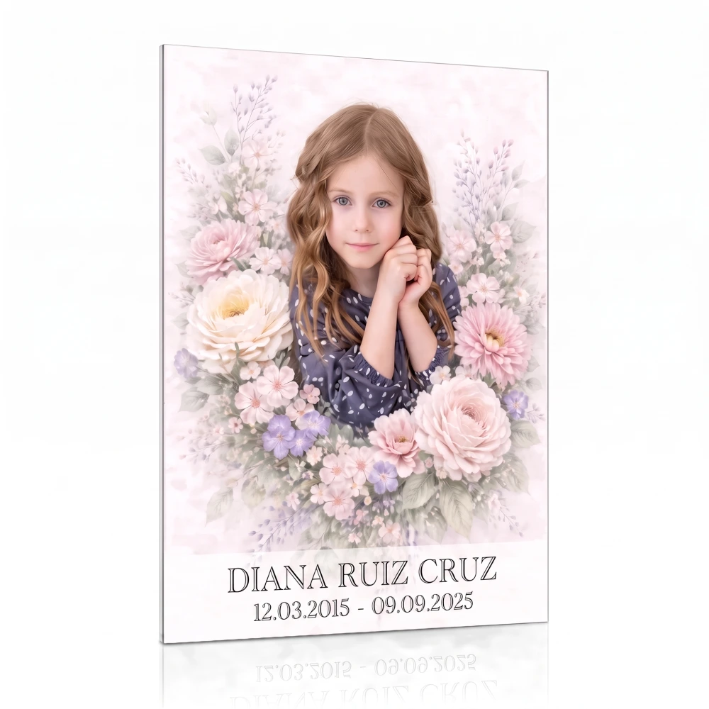 foto para lápida de cristal en color con motivo floral personalizado