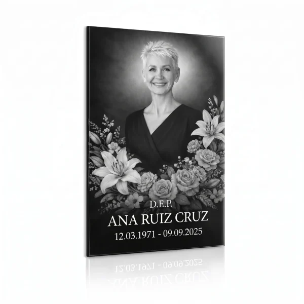 Placa de cristal con foto del difunto en blanco y negro para panteón