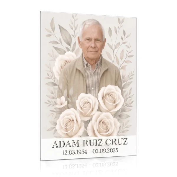 placa de cristal con foto del difunto y motivo floral para panteón