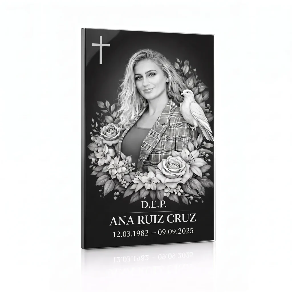 placa en blanco y negro para lápida con foto y motivo floral