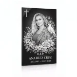 placa en blanco y negro para lápida con foto y motivo floral