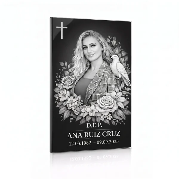 Placa de vidrio negra con el retrato en blanco y negro de una mujer entre rosas y hojas, con una paloma blanca y una cruz