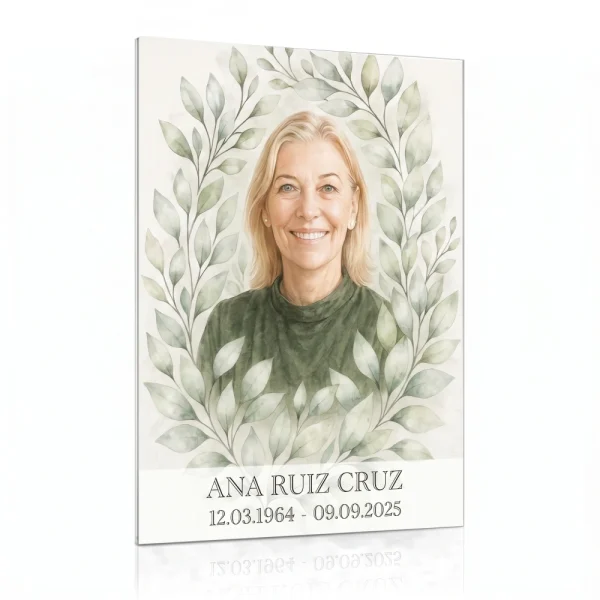 Placa de vidrio vertical con el retrato de una mujer sonriente en una corona de hojas verde claro