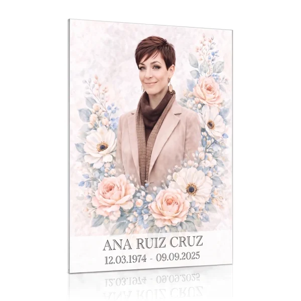 Placa personalizada para panteón con foto a color y motivo floral