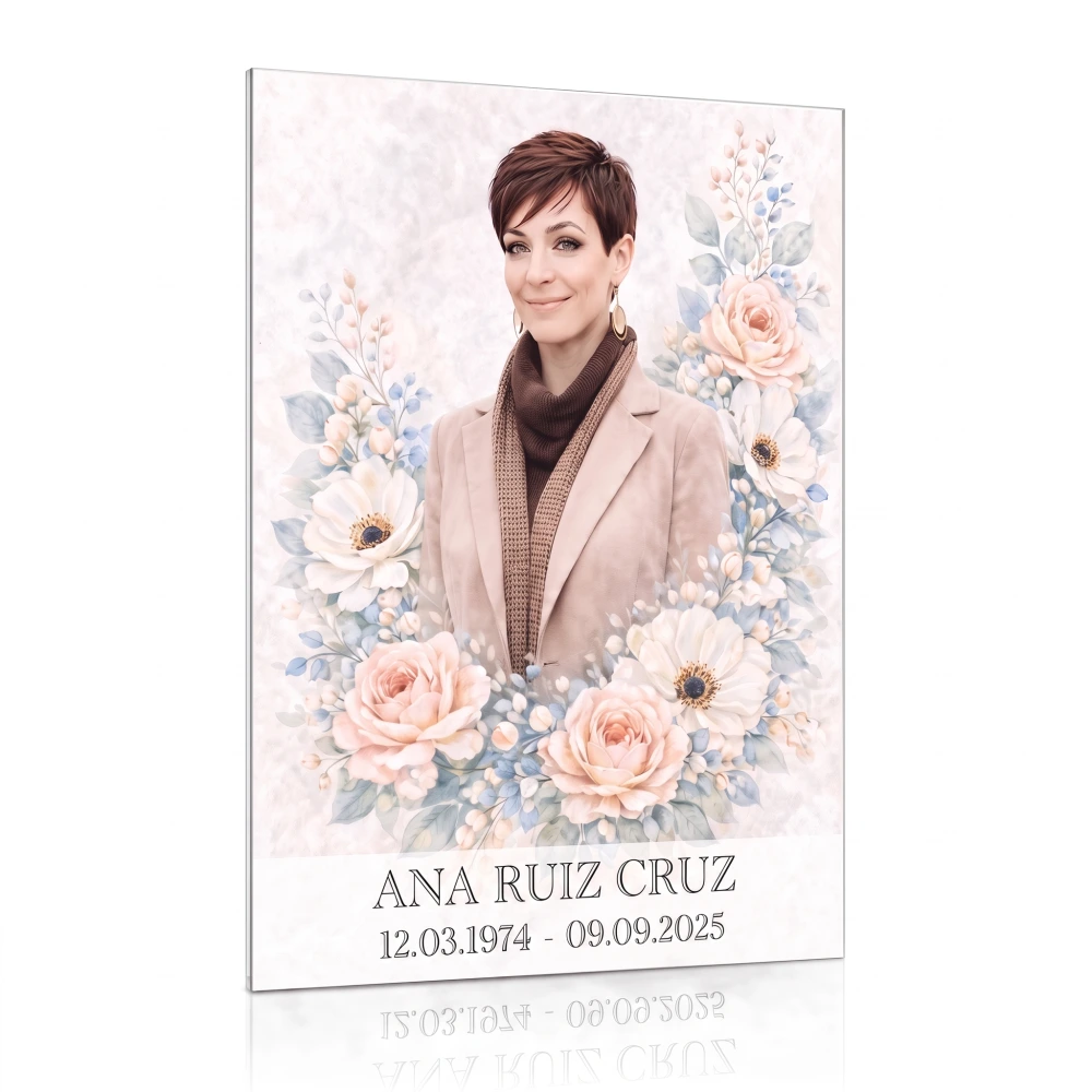 Placa personalizada para panteón con foto a color y motivo floral
