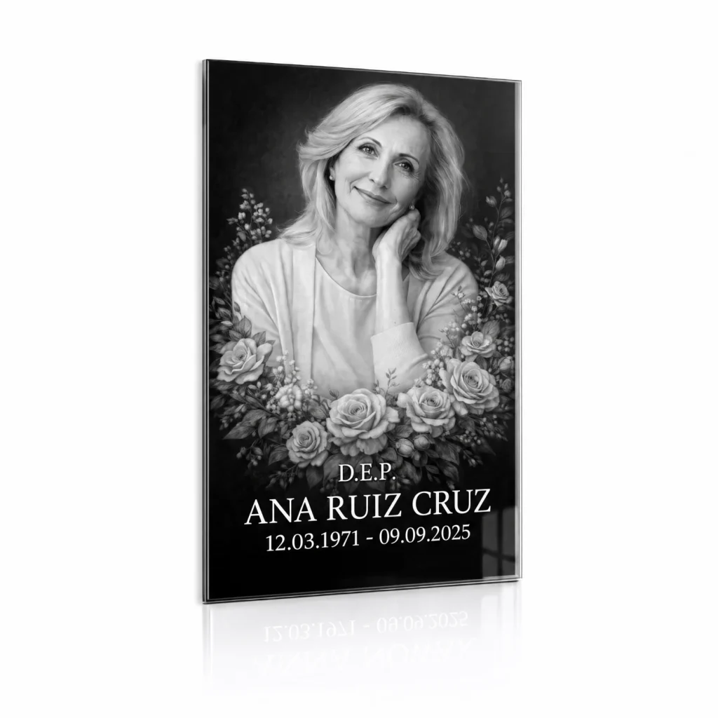 Placa en blanco y negro para lápida con foto y motivo floral