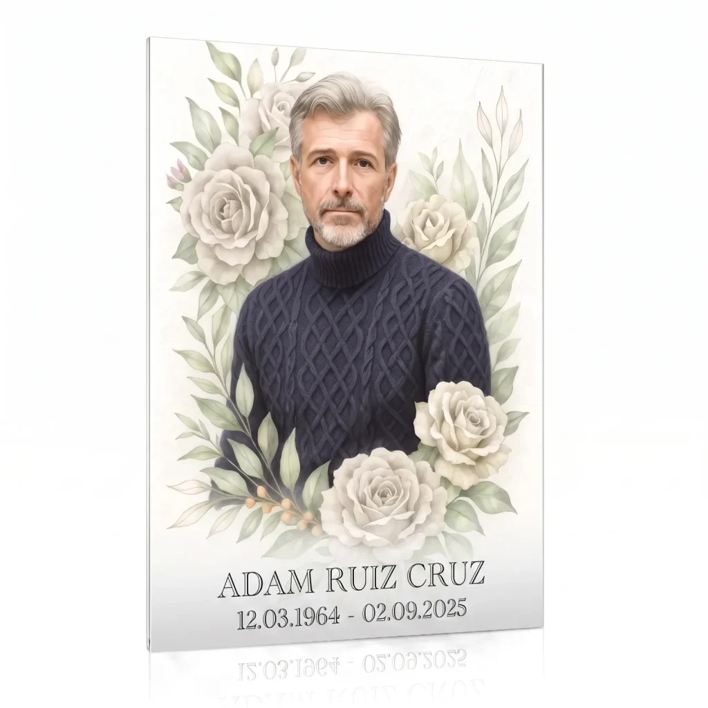 Placa para lápida con foto en color y decoración de rosas