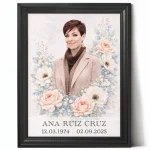 Placa para lápida con foto personalizada y motivo floral enmarcada
