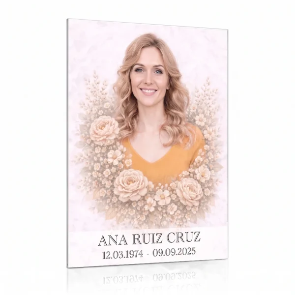 Placa de cristal con foto del difunto y motivo floral para panteón