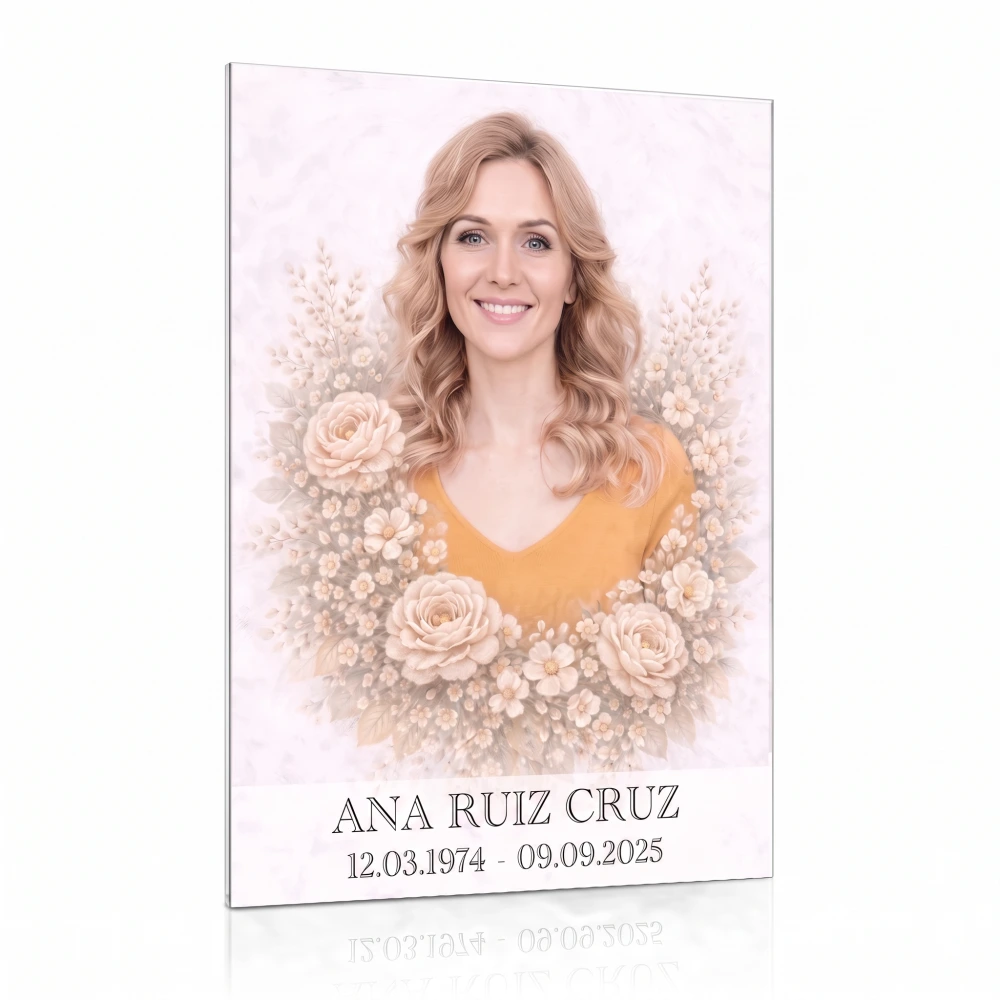 Placa de cristal con foto del difunto y motivo floral para panteón