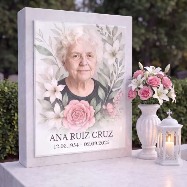 Placa de cristal con foto del difunto y motivo floral para panteón