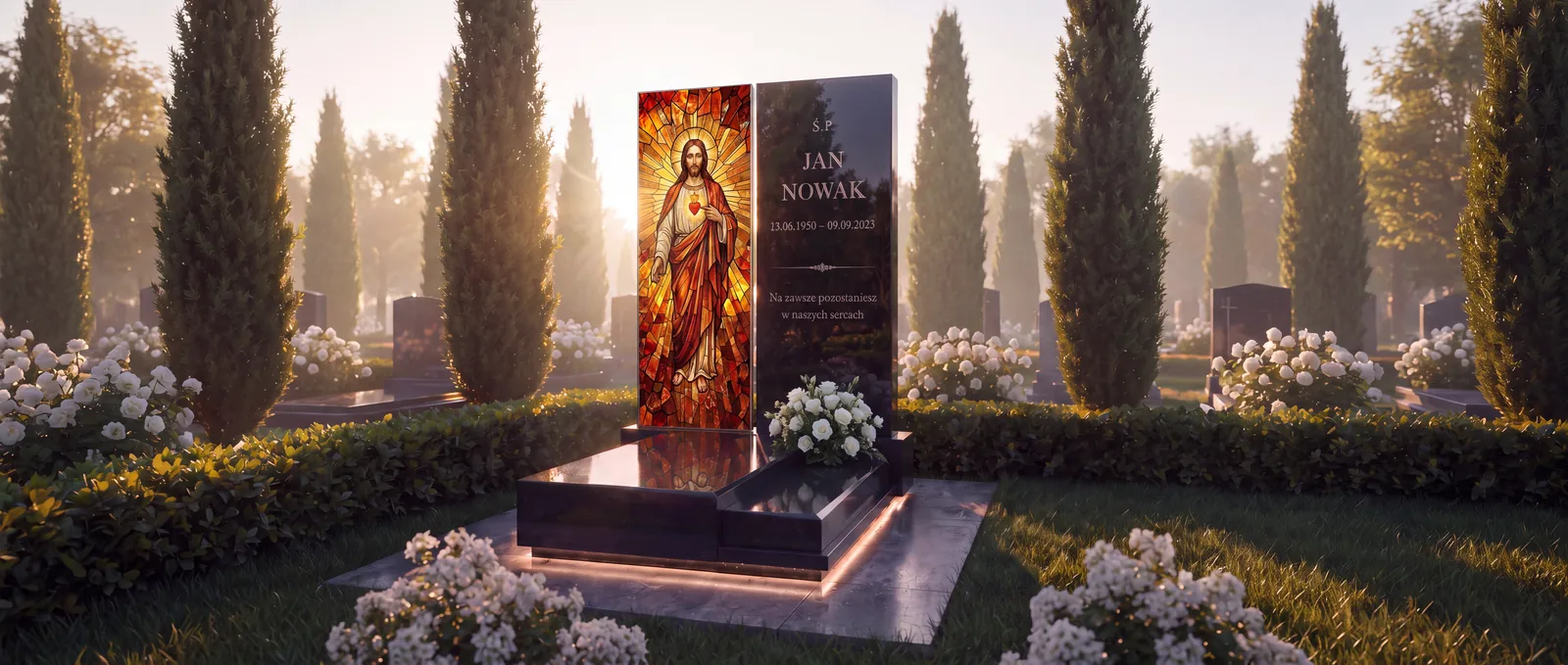 Memorial with a stained-glass panel of the Sacred Heart of Jesus among cypress trees at sunset