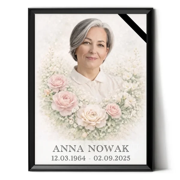 portret porcelanowy na nagrobek ze zdjęcia w oprawie kwiatowej