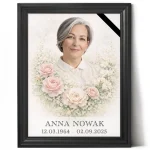 portret porcelanowy na nagrobek z motywem kwiatowym w czarnej ramie