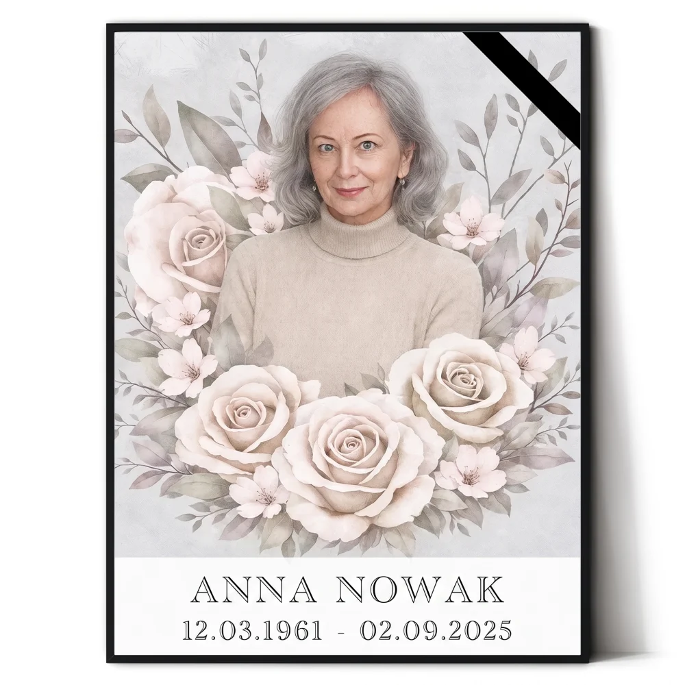 Portret pamiątkowy zmarłej w kwiatowej oprawie na pomnik portret nagrobny ze zdjęcia z motywem róż w ramie na pomnik