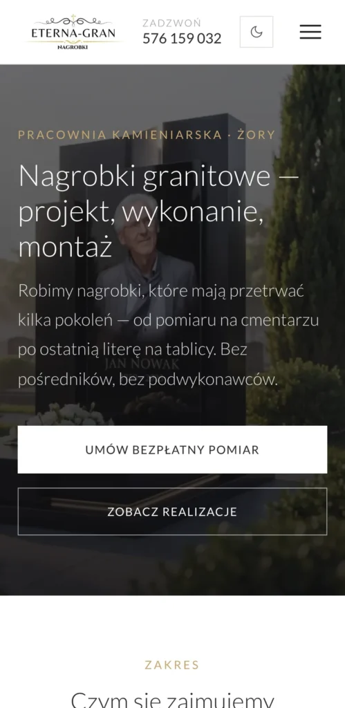 The ETERNA-GRAN website on a phone: logo, buttons and a photo of a headstone