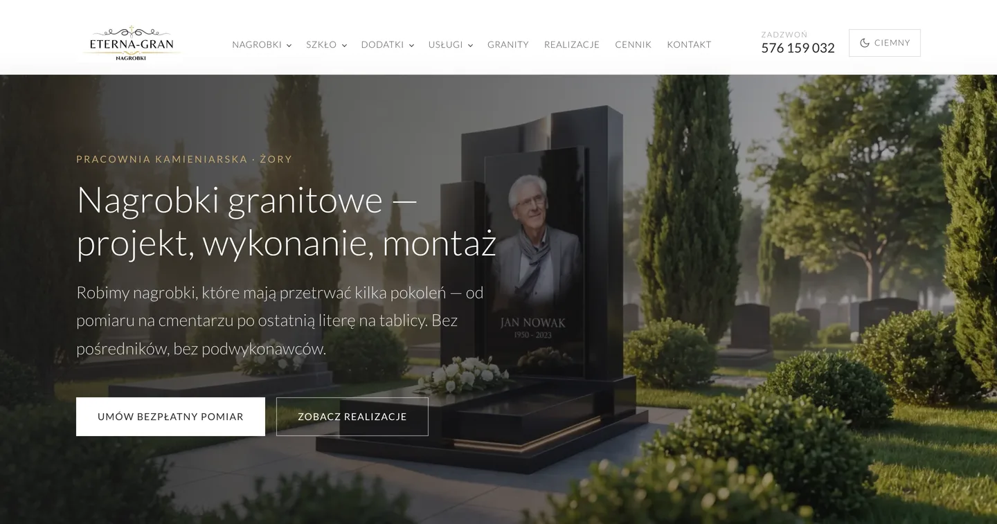 Part of the ETERNA-GRAN website: menu and a photo of a headstone with a large portrait on glass