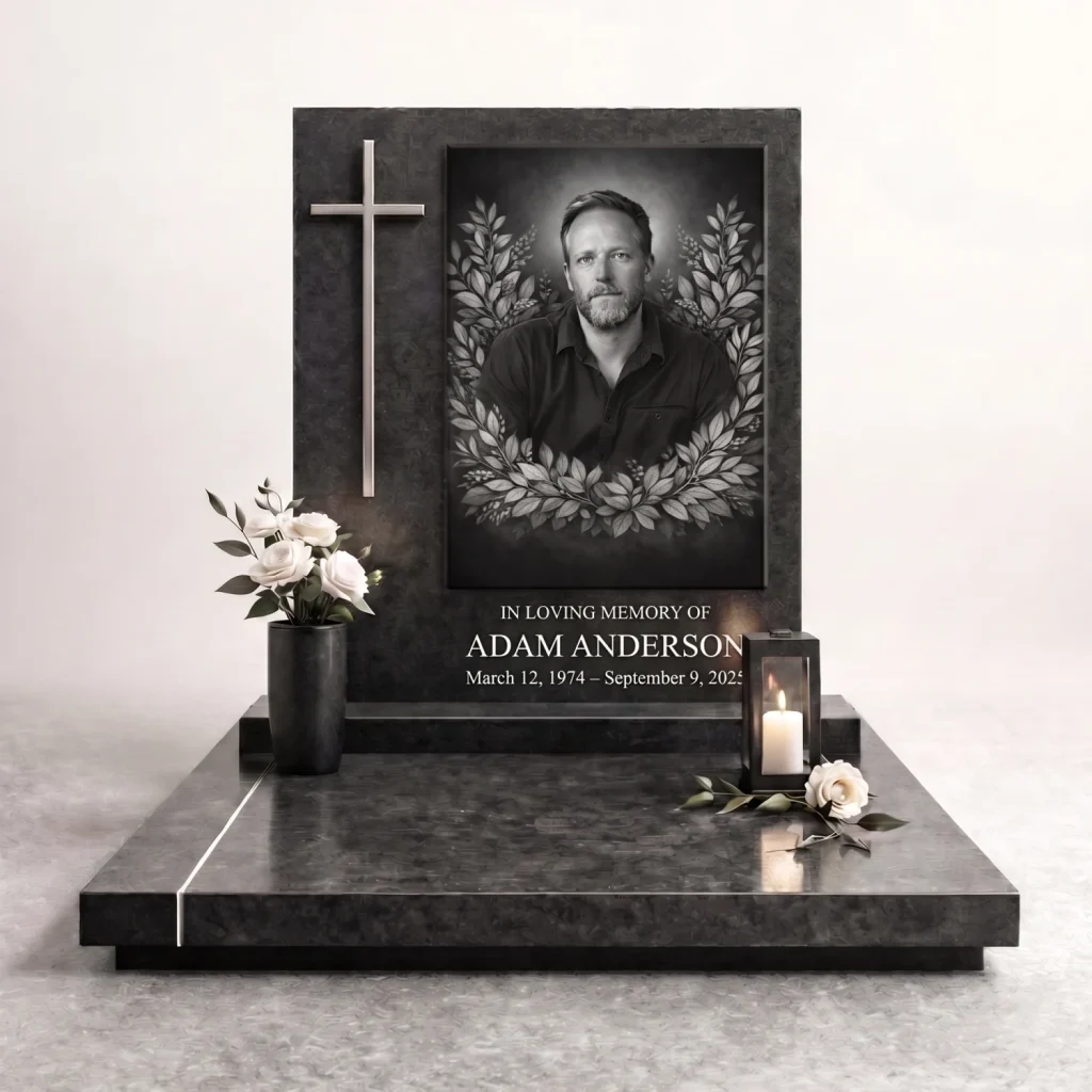 Black and white memorial plaque with photo of deceased set into a granite headstone