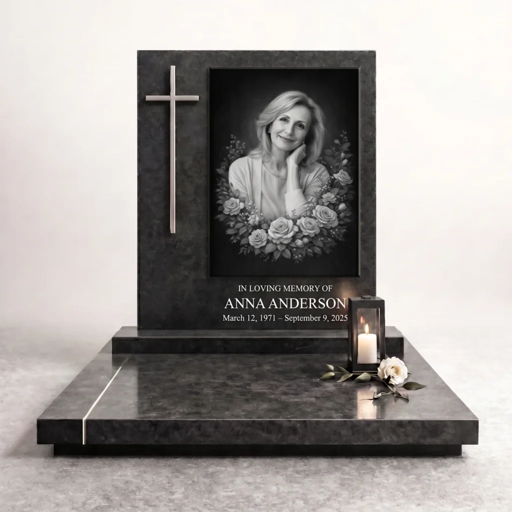 Black and white memorial plaque with photo on granite headstone