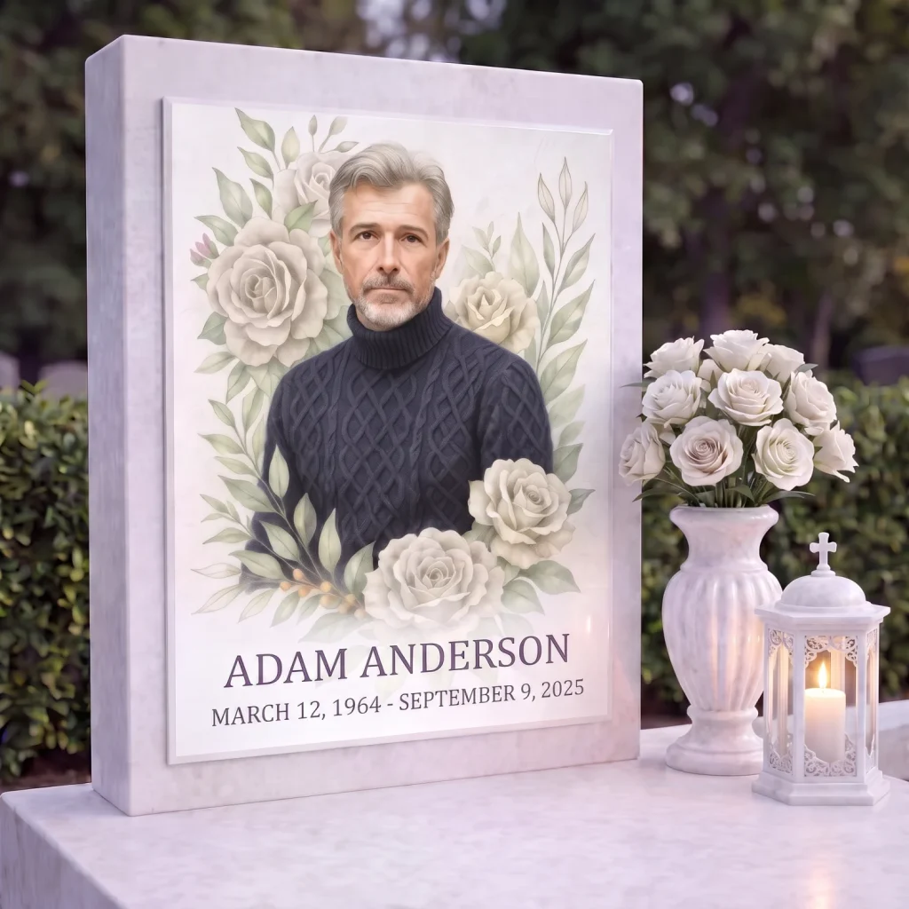 Rectangular grave plaque with colour photo of deceased and floral motif on headstone
