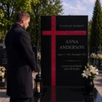 Red asymmetric glass cross bonded to a black granite headstone