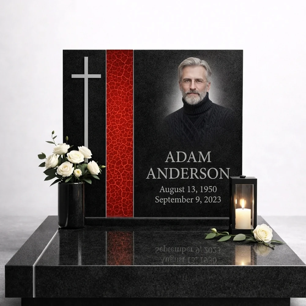 red fused glass strip on a black granite headstone with a portrait