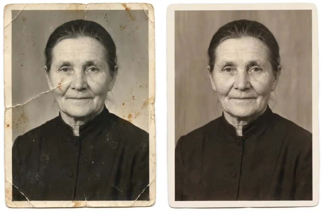 Old, cracked black-and-white photograph of an elderly woman, and the same photo after restoration